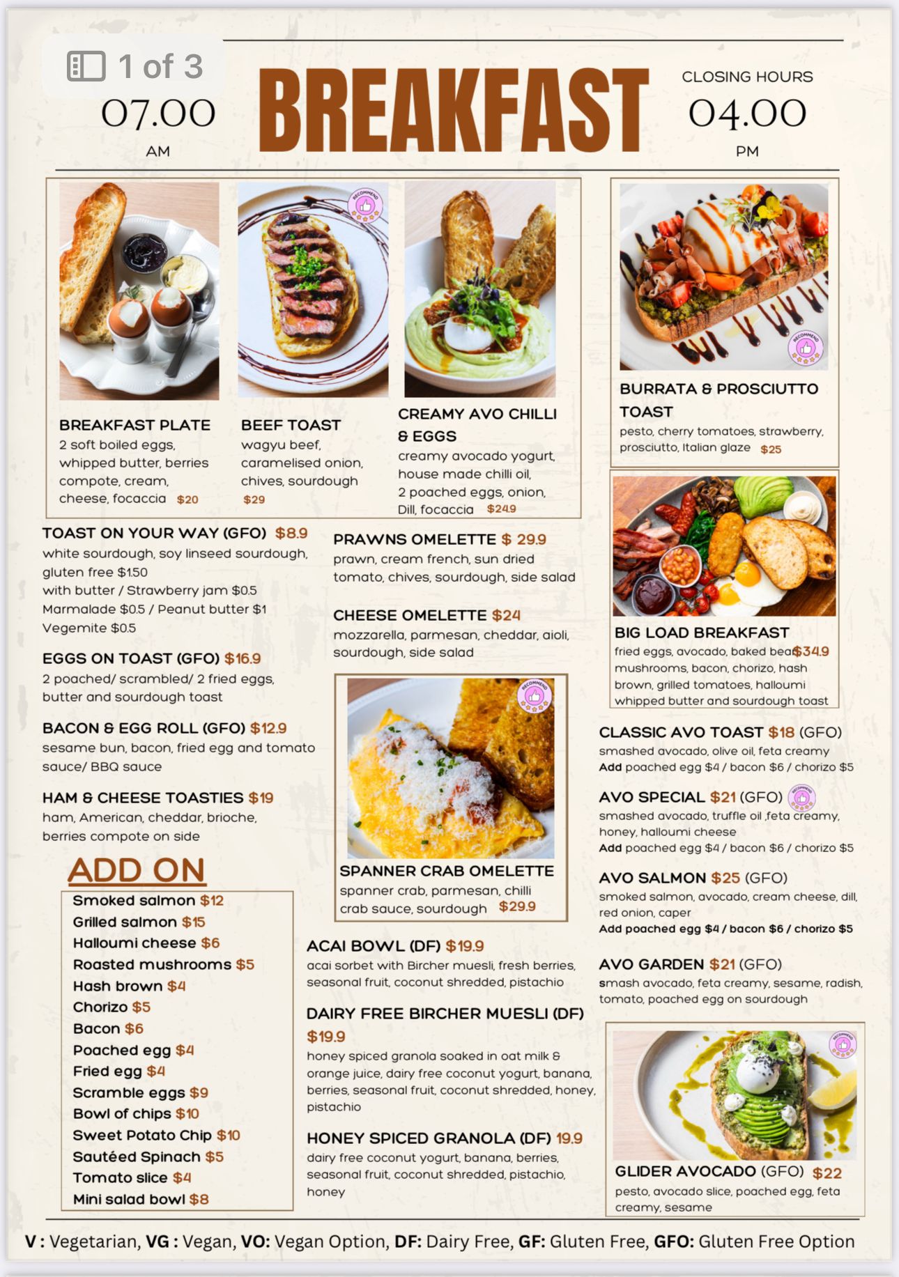 Glider Garden menu page 1 - breakfast